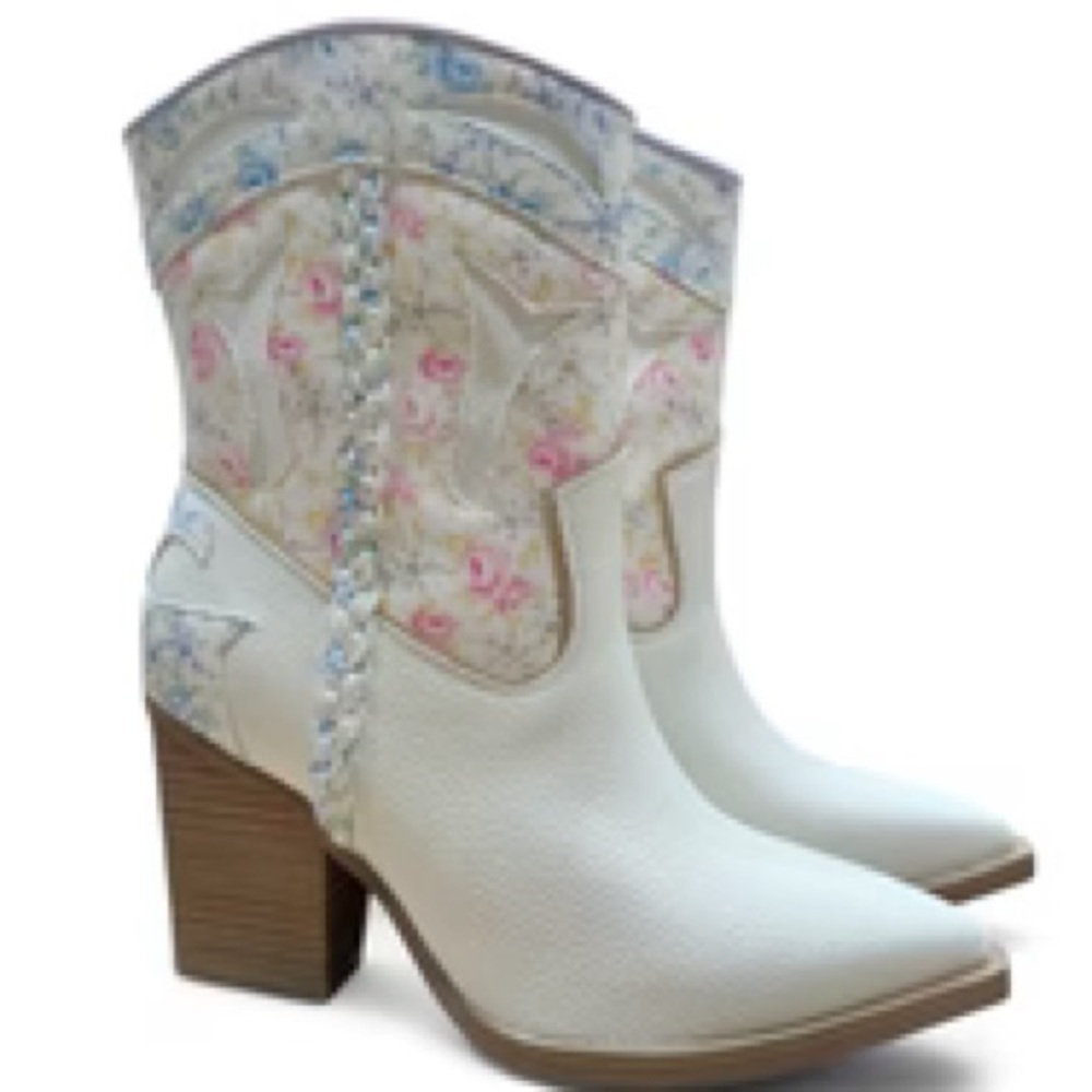 Floral Cream Western Ankle Boots